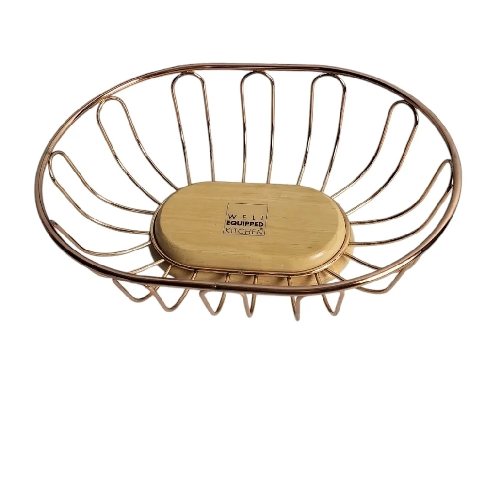 Well Equipped Kitchen Brass Basket Wooden Base